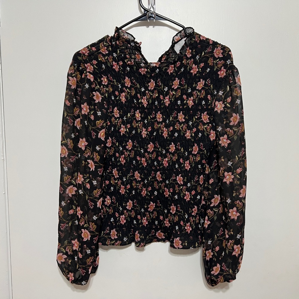 J.O.A. Womens Blouson Sleeve Floral‎ Pullover Blouse Size XS Black Dark Coquette